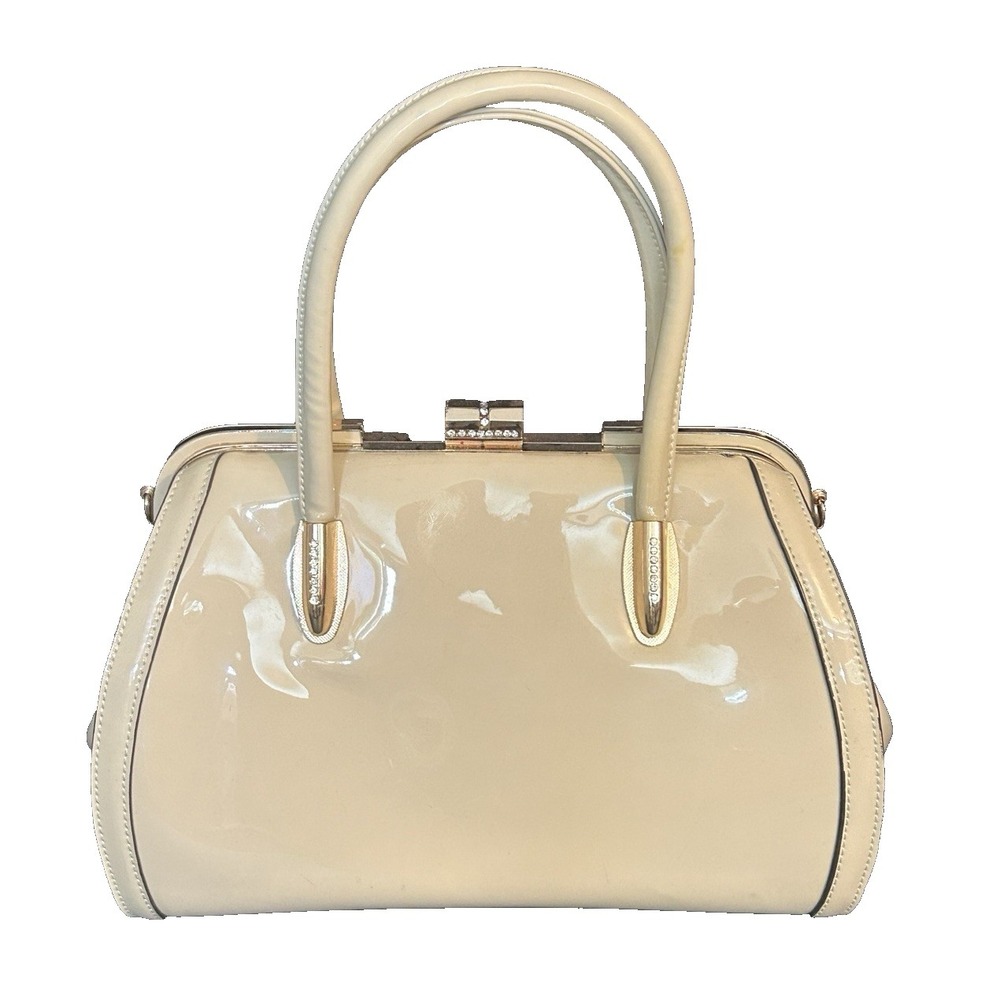 MKF Collection Satchel Marlene Handbag Mia Farrow Bone Gold Vegan Patent Leather